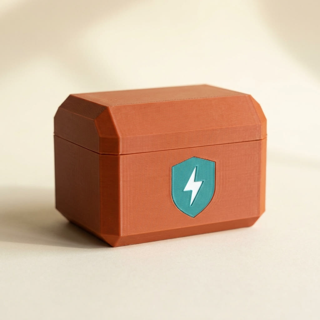 A 3D printed logo stamped in color on the side of a multi-color printed part