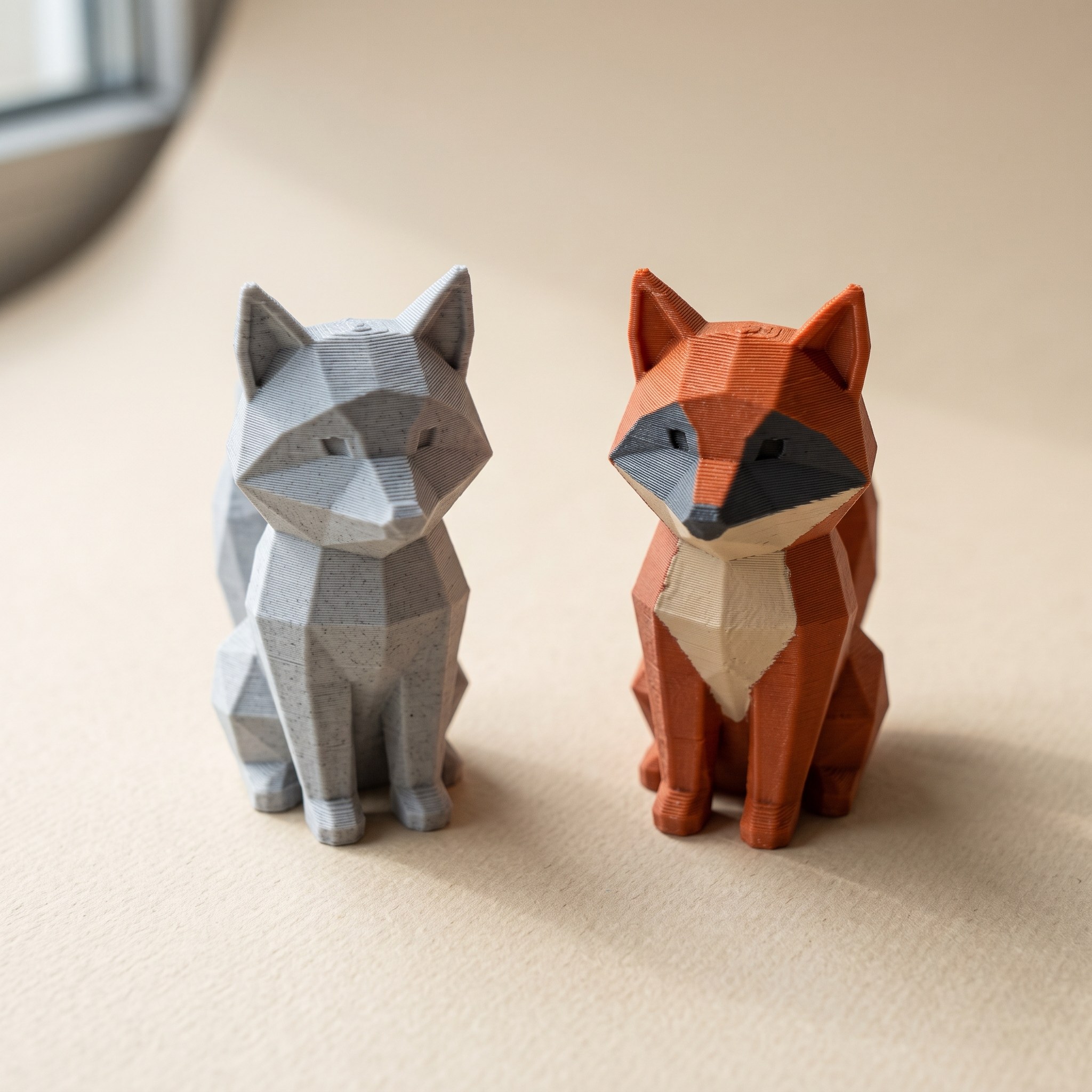 Two identical 3D-printed fox figurines, one plain grey and one in three colors, showing what a 3MF file stores that an STL cannot