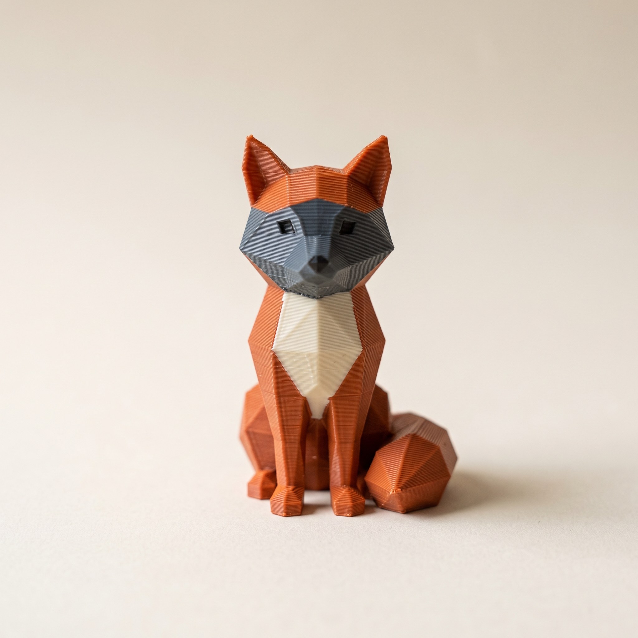 Multi-color 3D-printed low-poly fox figurine, the kind of model a 3MF file stores with its colors intact
