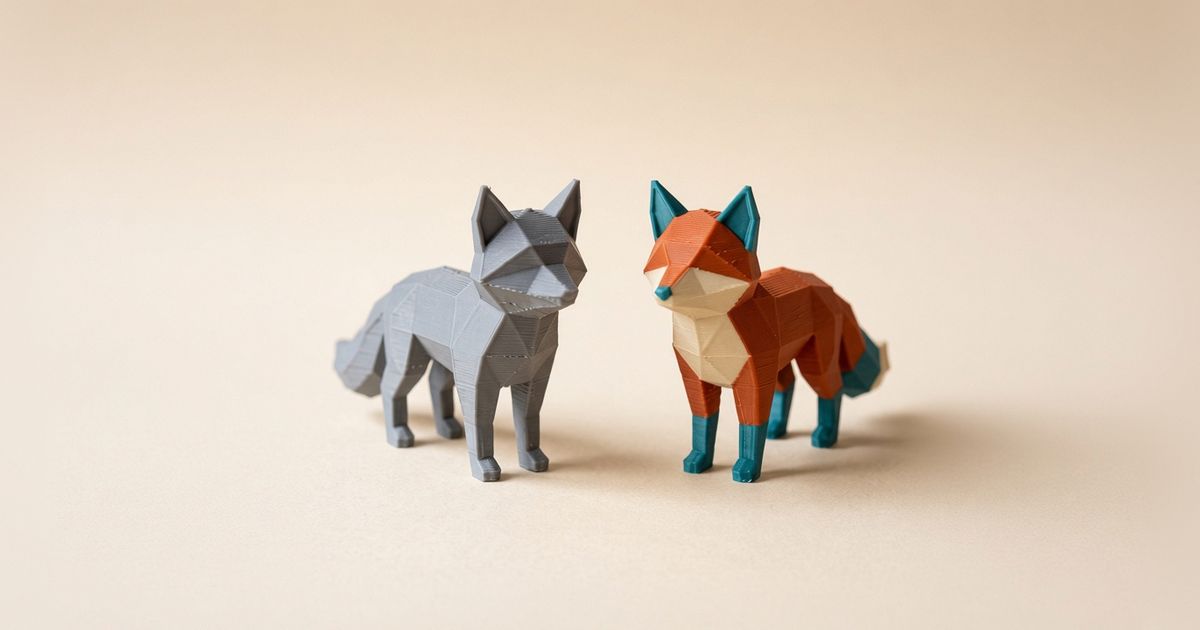 3MF vs STL: two identical 3D printed fox figurines, one plain gray, one multi-color