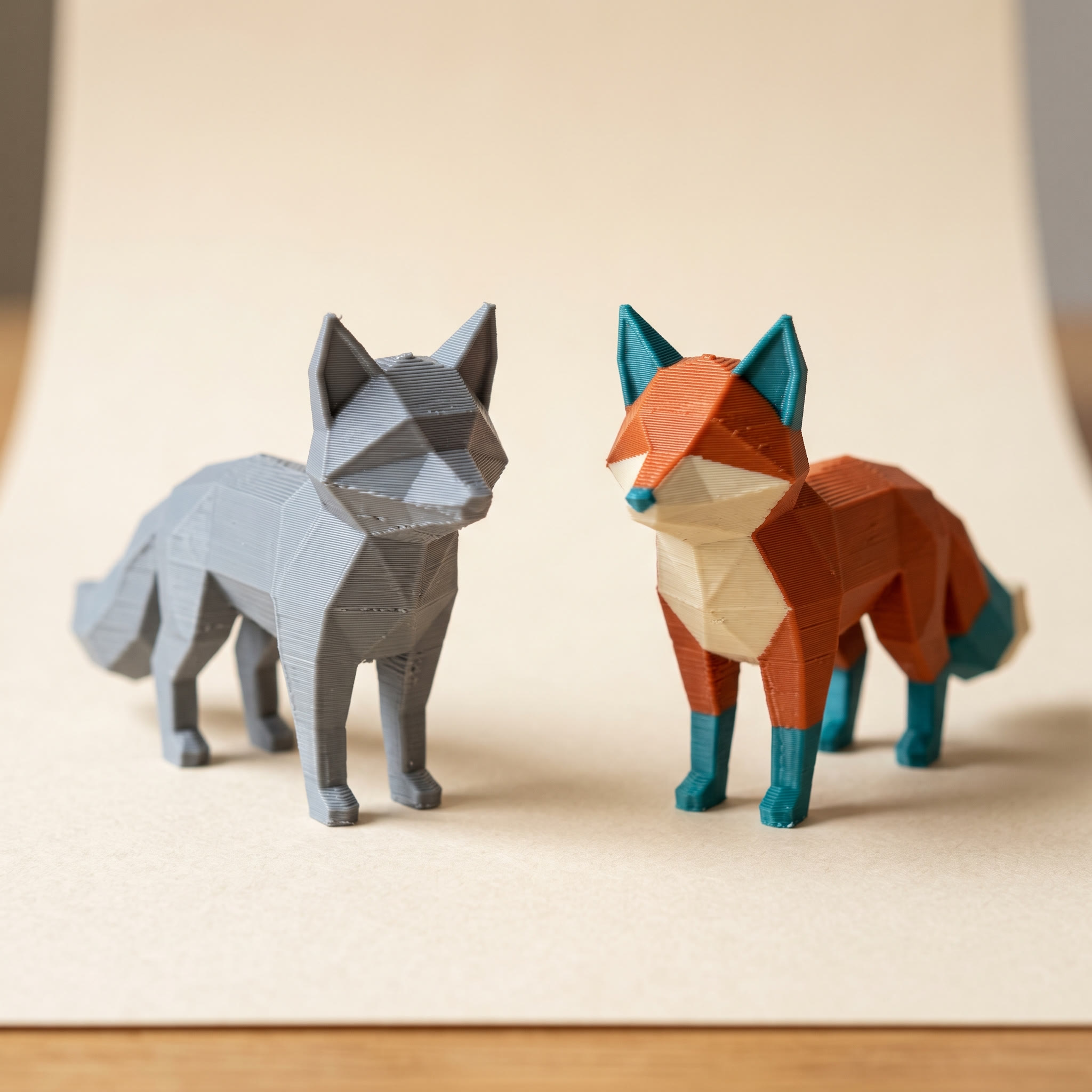 3MF vs STL compared: two identical 3D printed fox figurines, one plain gray like an STL file, one in orange, teal, and cream like a painted 3MF