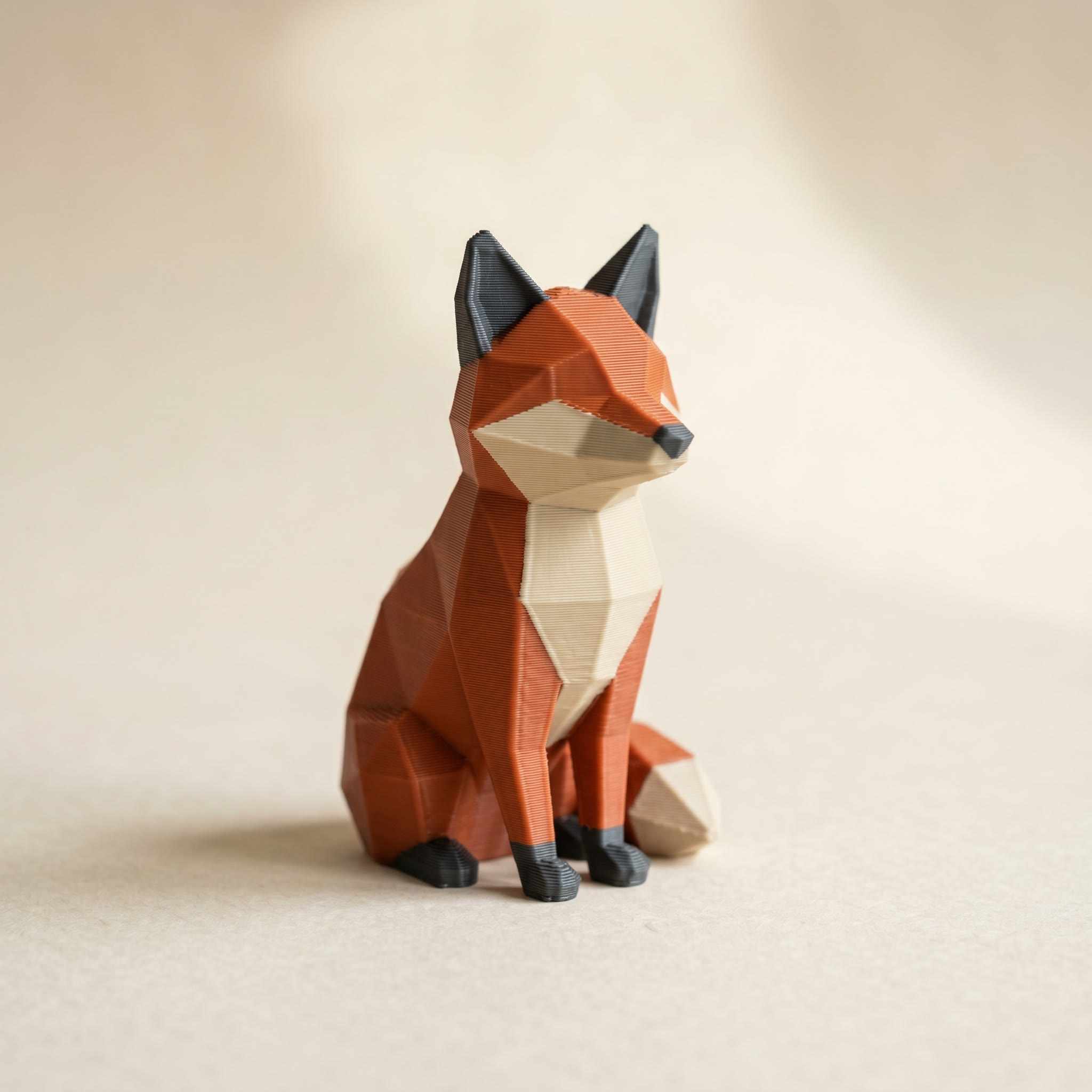 A low-poly 3D-printed fox in matte orange, cream, and charcoal filament, painted with per-region color