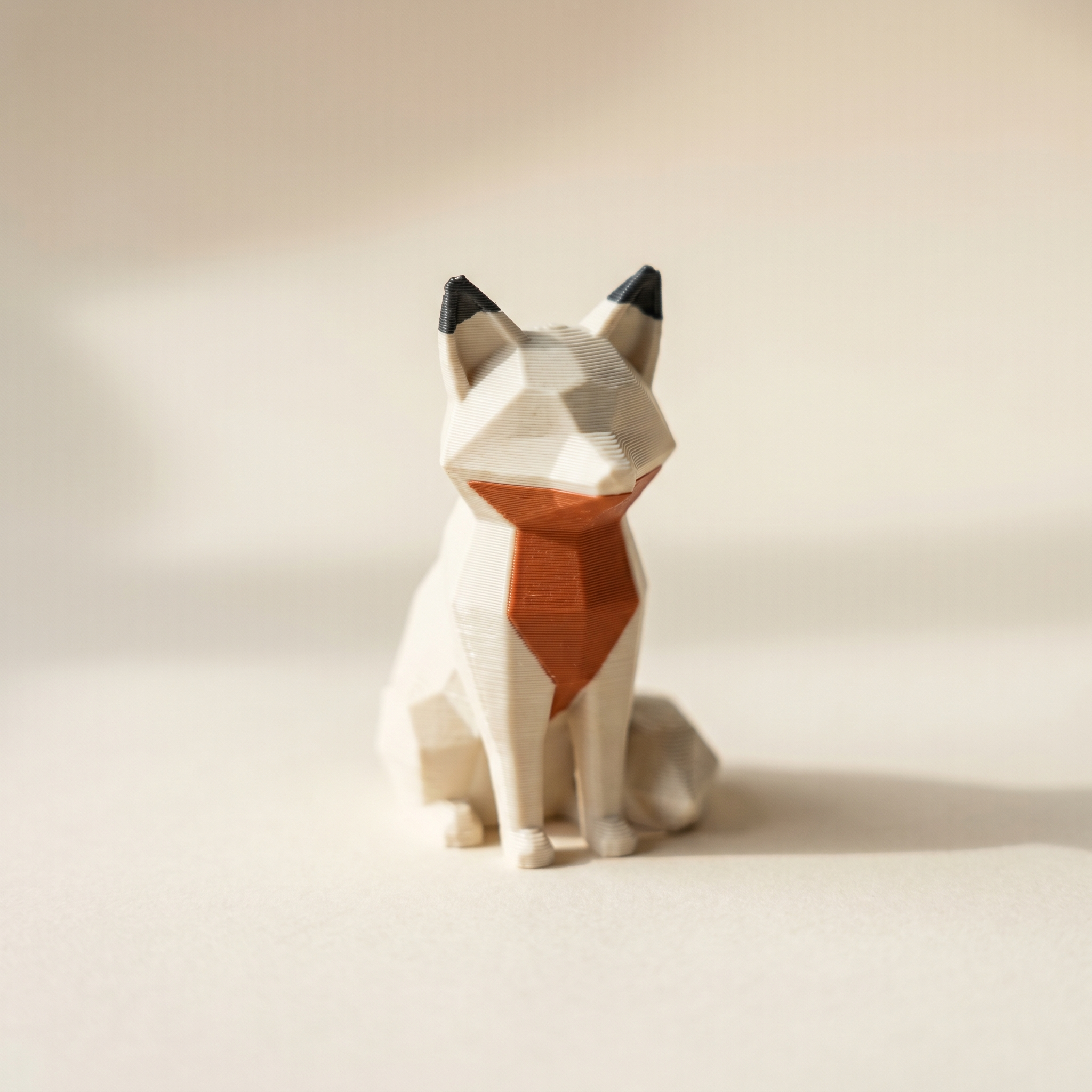 A multi-color FDM 3D-printed low-poly fox figurine in matte cream, burnt orange, and charcoal black on cream paper