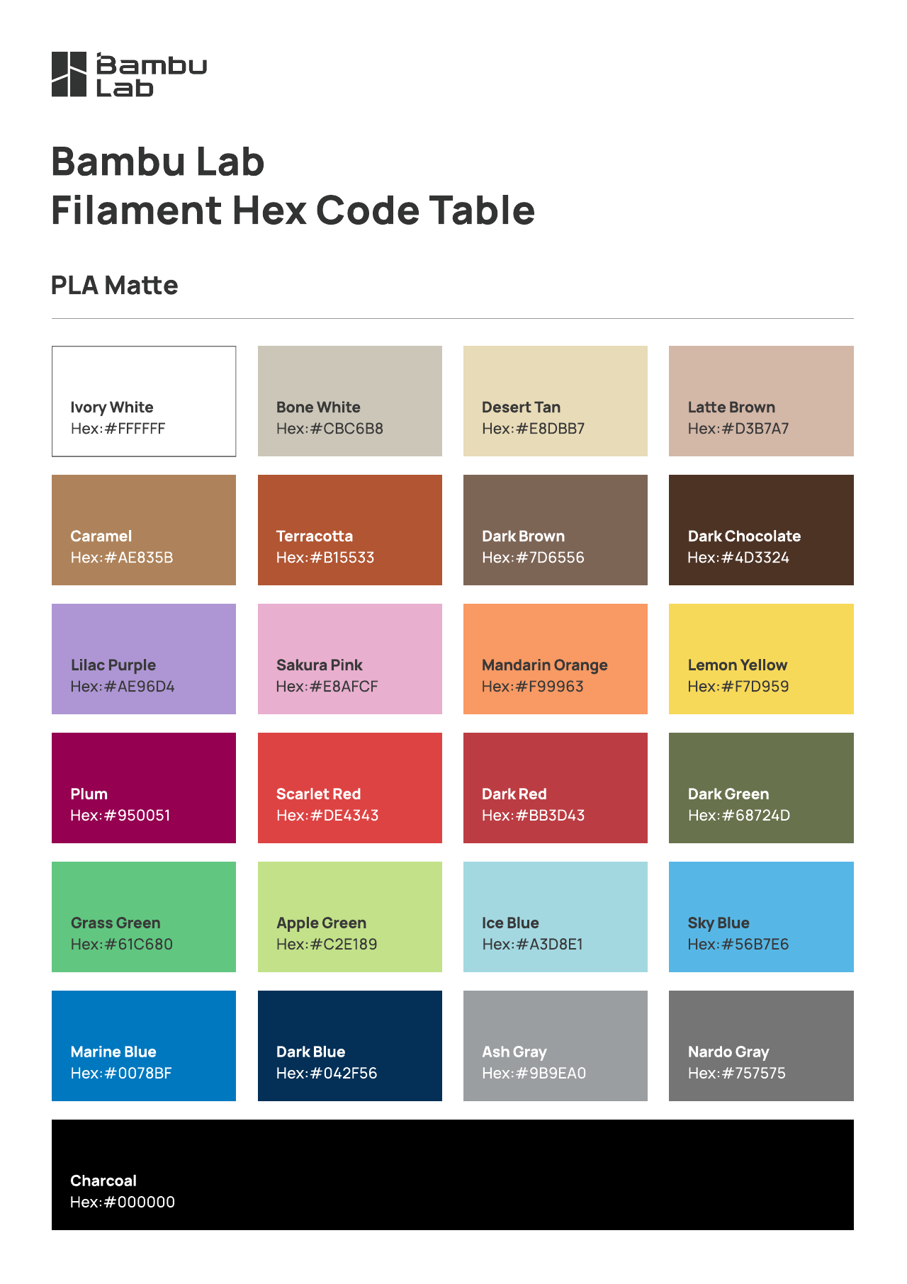 Bambu Lab PLA Matte hex code table for choosing the best filament for miniatures, listing colour names and hex values