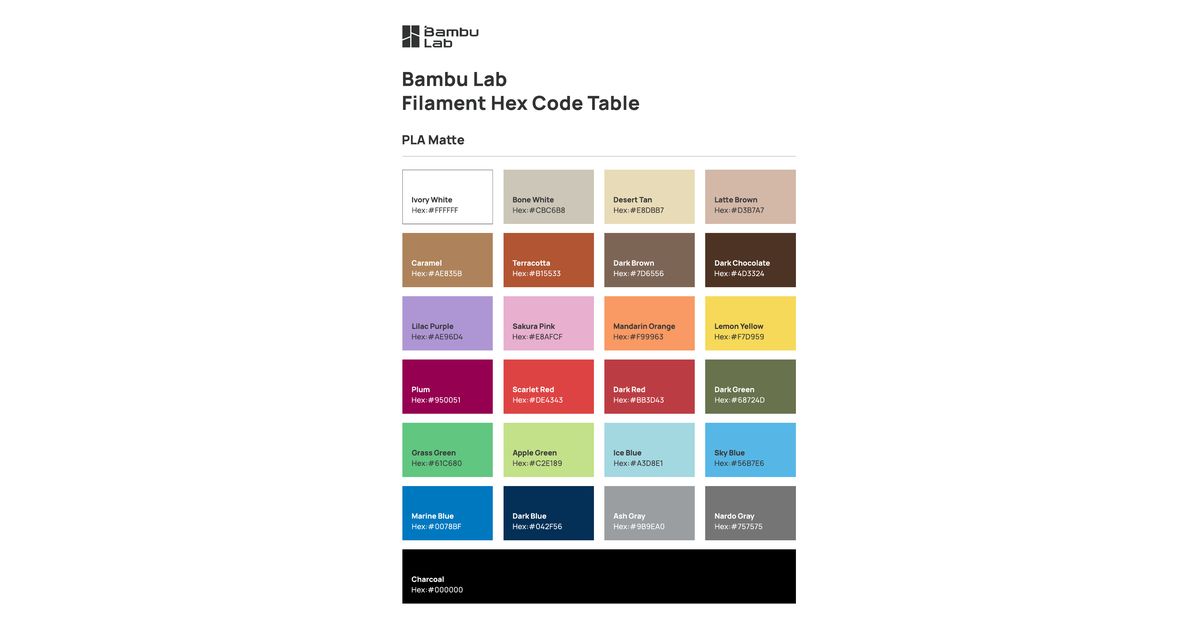 Bambu Lab PLA Matte hex code table listing colour names and hex values