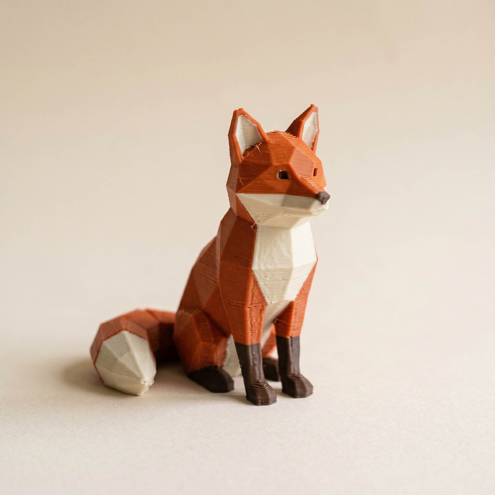 A multi-color 3D printed low-poly fox with a crisp clean boundary between orange and cream filament