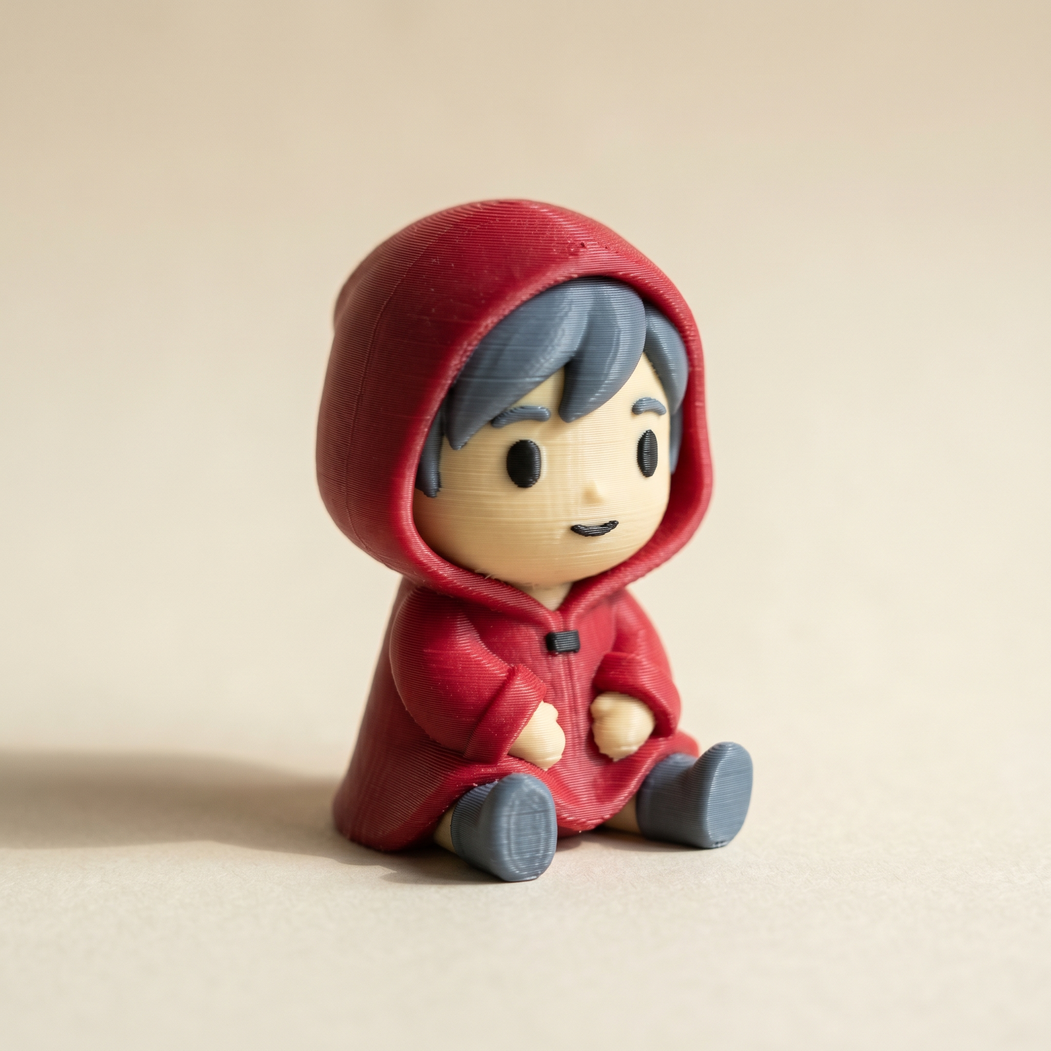 A multi-color FDM 3D-printed chibi character figurine in matte cherry red, slate gray, and warm cream filament on cream paper