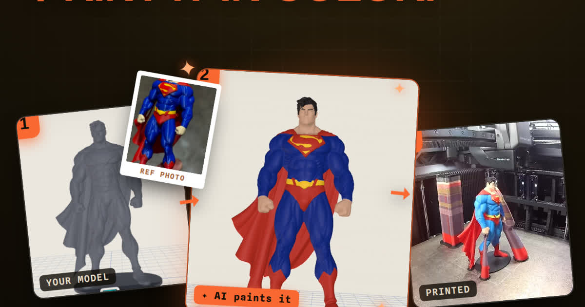 A grey 3D model and a reference photo, the model painted by AI, then printed in full color