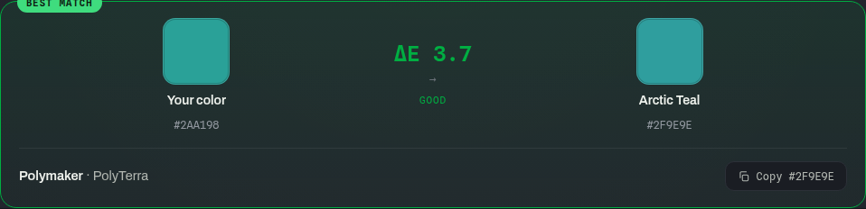Layerpaint color matcher showing target 2AA198 beside Arctic Teal 2F9E9E, with a displayed color difference of 3.7