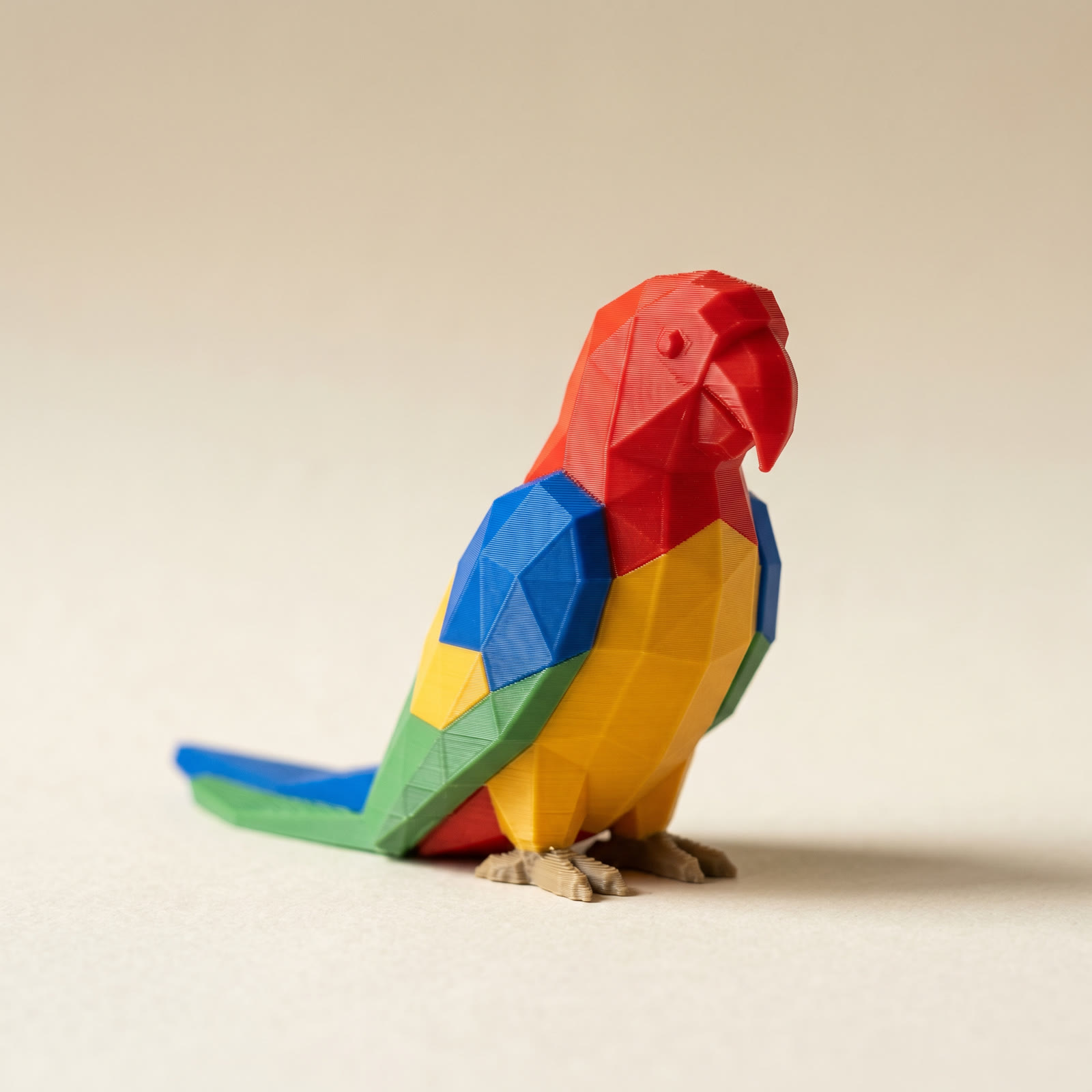 Full color 3D printing on a desktop printer: low-poly macaw printed in red, blue, yellow, and green filament