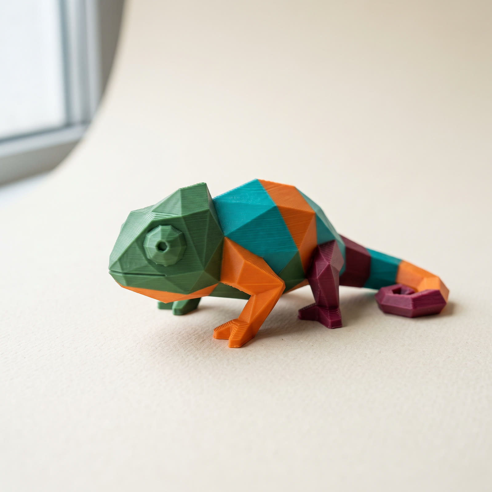 Full color 3D printing example: a multi-color FDM printed low-poly chameleon in green, orange, teal, and burgundy filament
