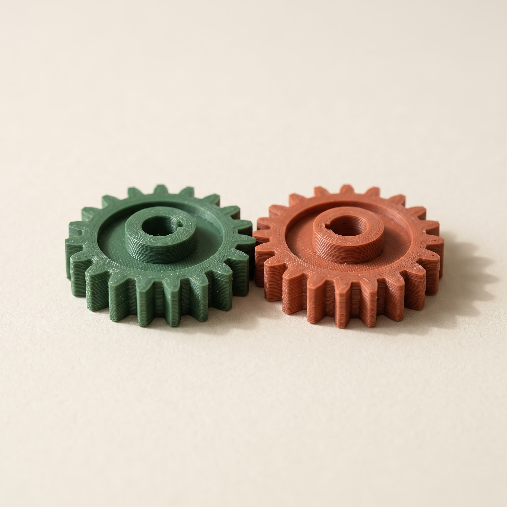 Two 3D printed gears in green and terracotta, a two-filament job the H2D groups across its left and right Standard nozzle extruders