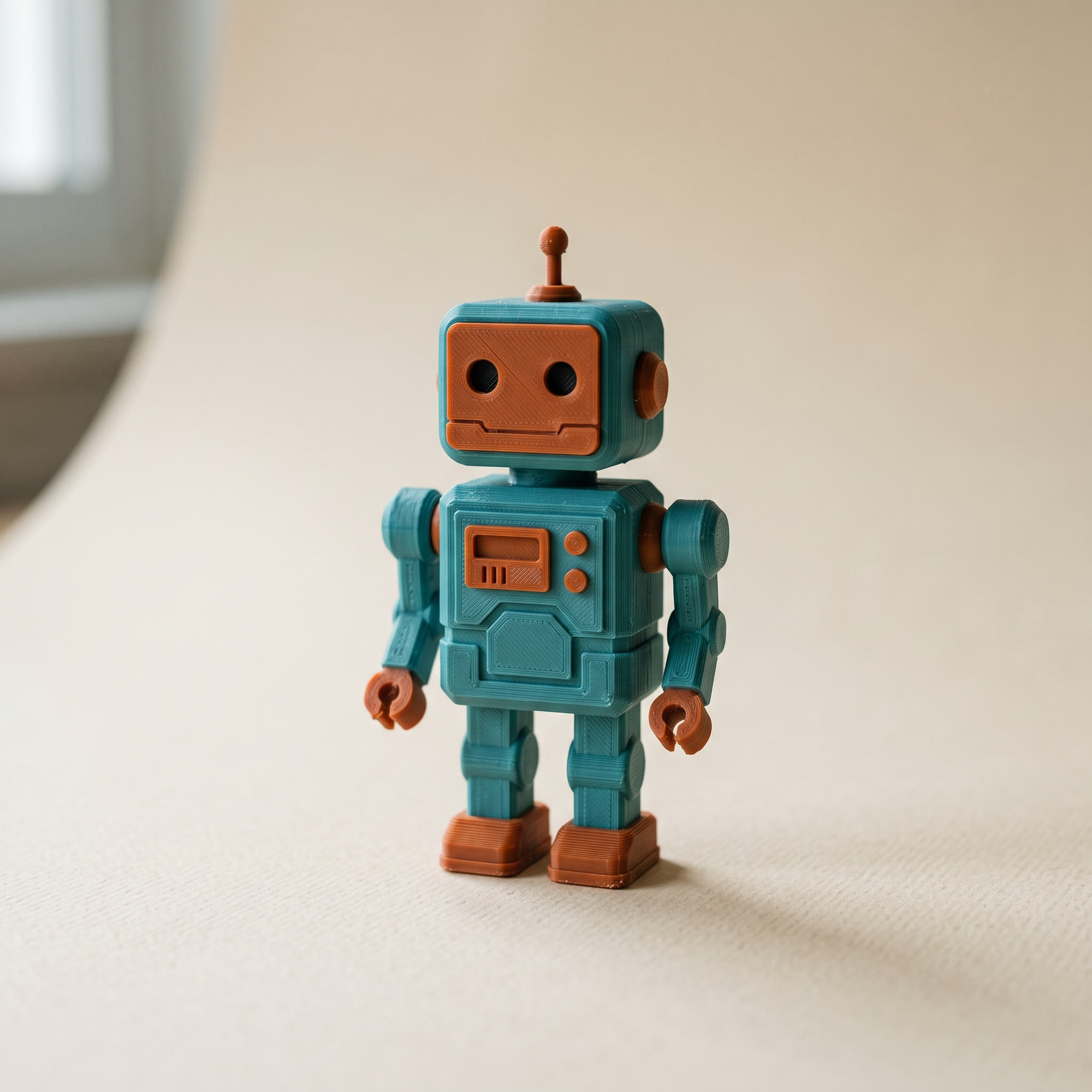 Two-color 3D printed robot figurine, the kind of dual-filament job that triggers the H2D standard nozzle error at slice time