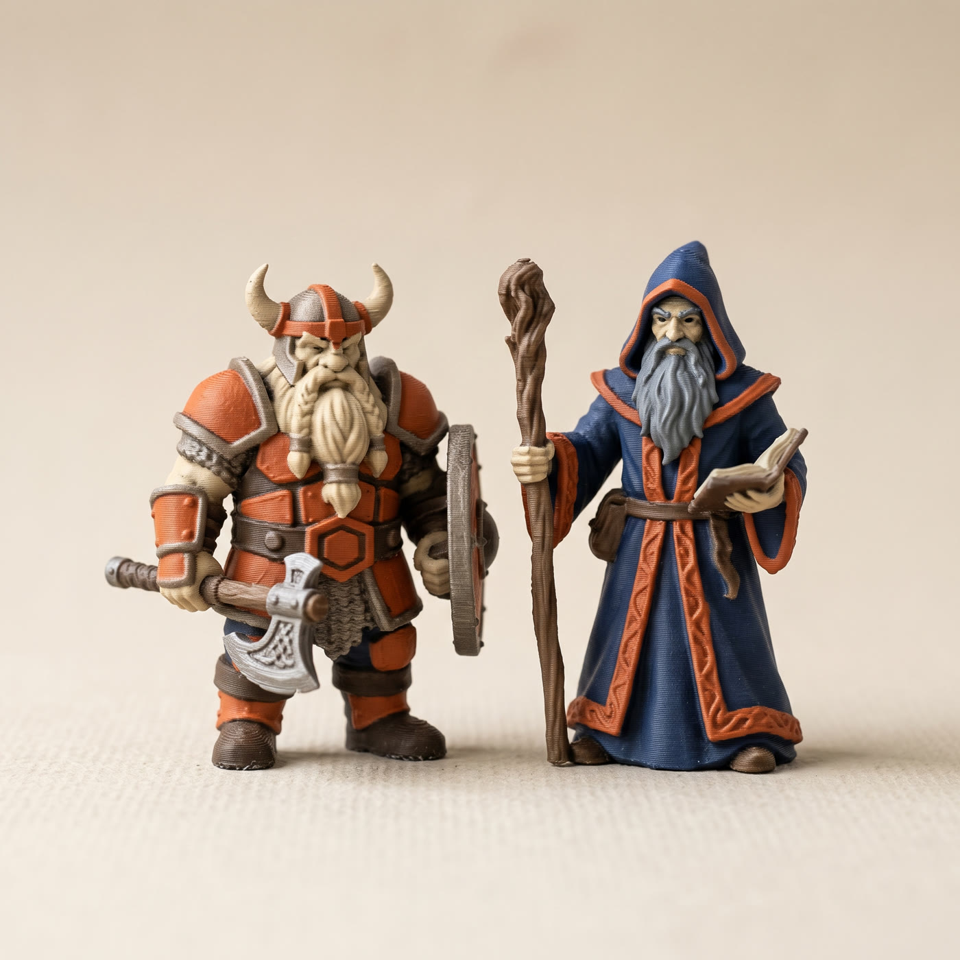 Two 3D-printed tabletop miniatures in navy, cream and orange filament, showing how to paint miniatures by printing the base colors first