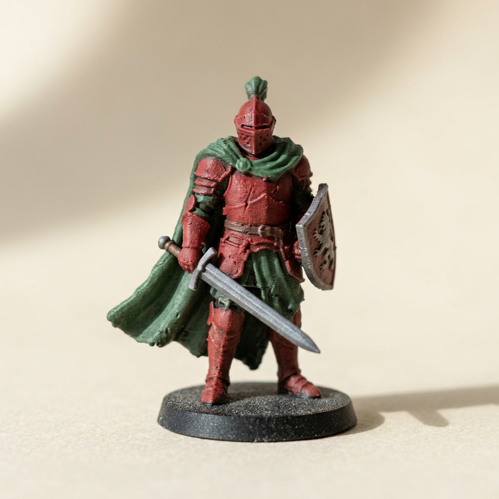 A 3D-printed fantasy knight miniature in red, green and grey filament, showing how to paint miniatures by printing the base colors instead of brushing them
