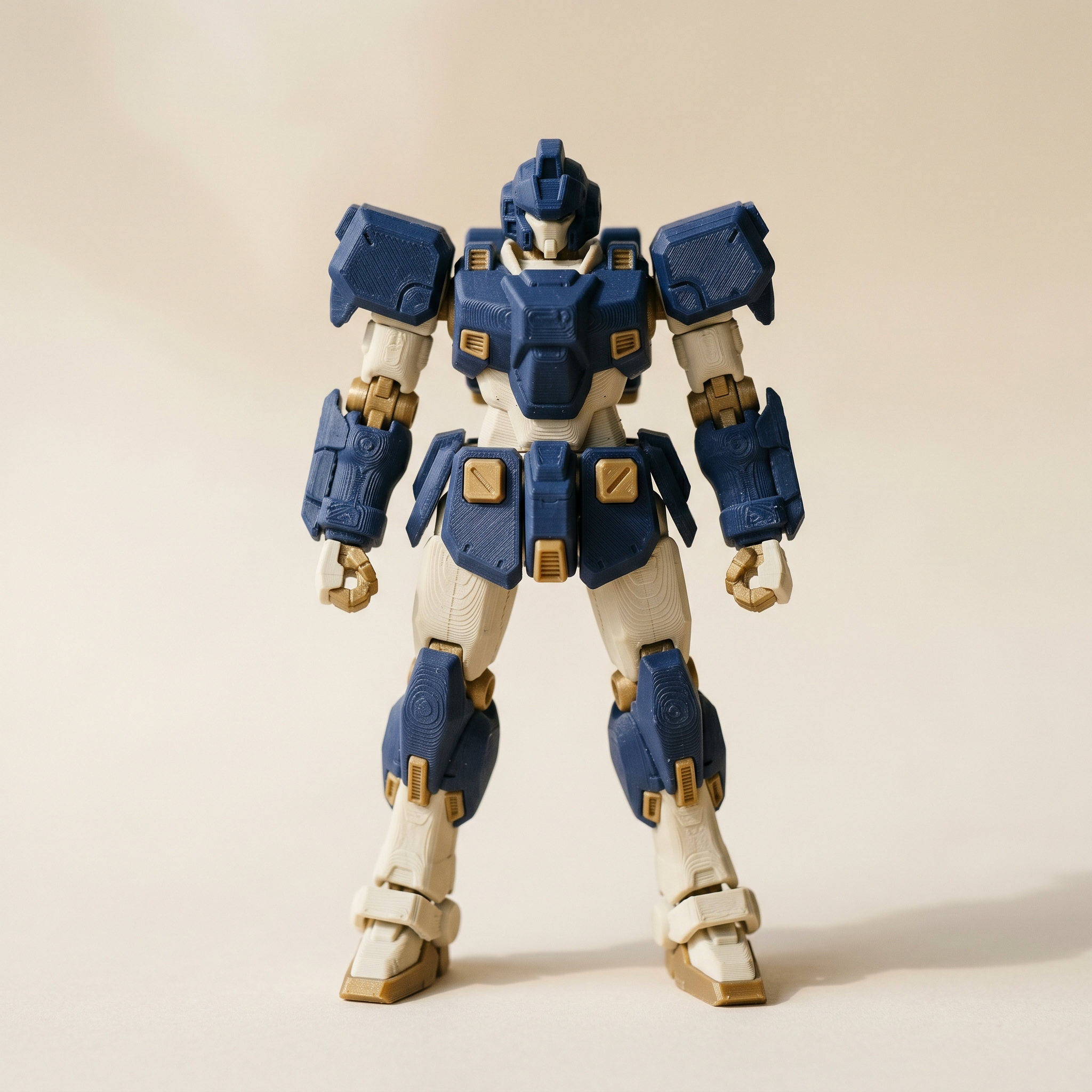 A multi-color FDM 3D-printed mecha robot figurine in matte navy blue armor with cream undersuit and brass-gold accents on cream paper