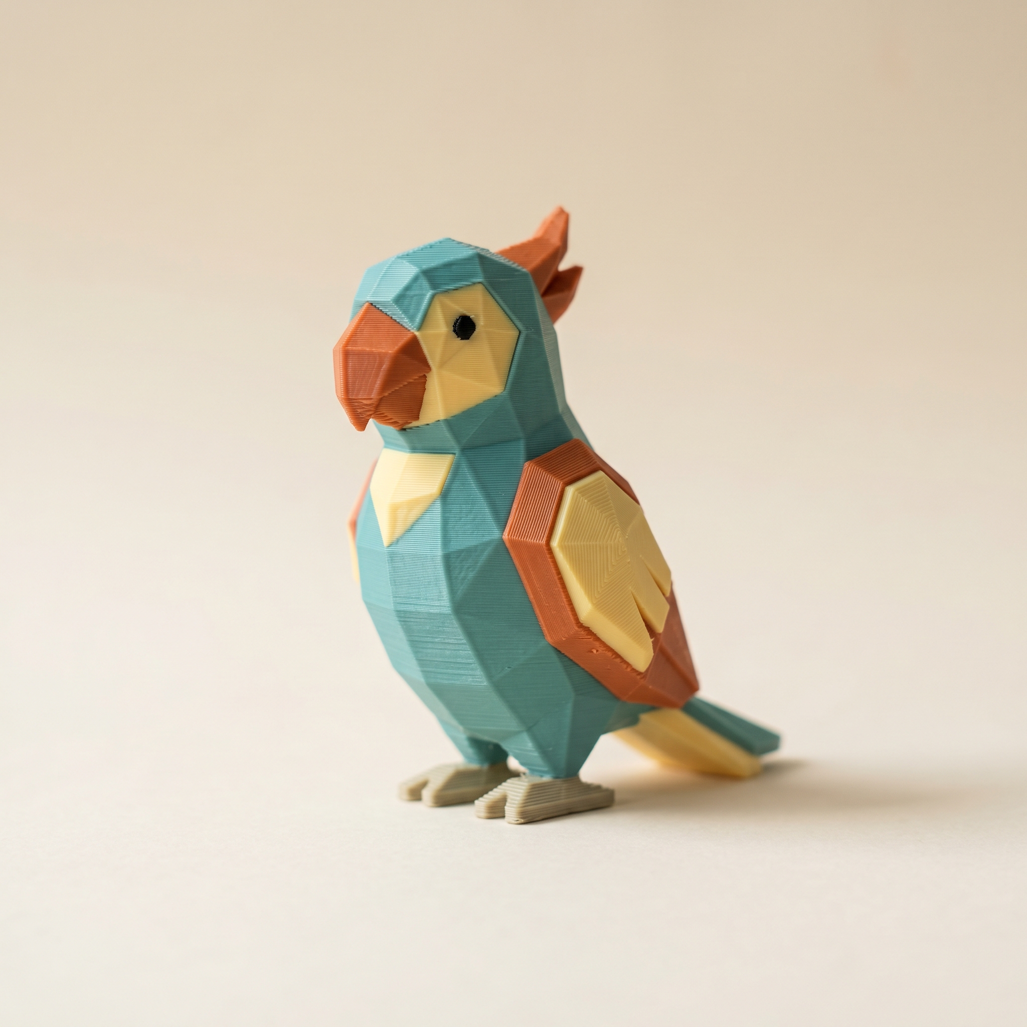 A low-poly 3D printed parrot in teal, orange, butter yellow, grey, and black filament on cream paper — one more color than a four-slot AMS holds