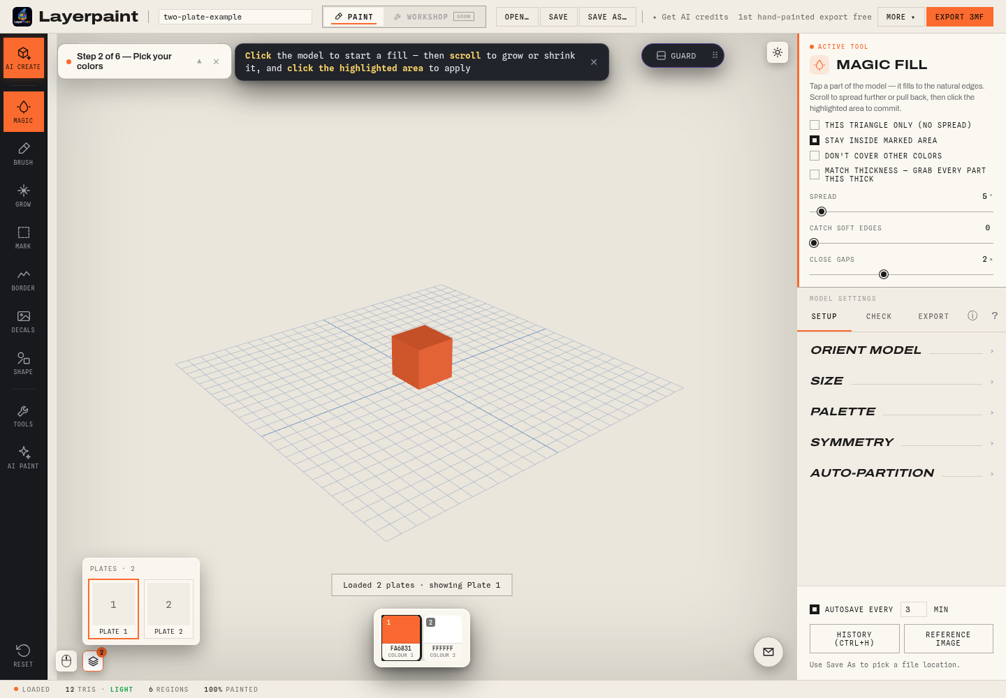 Layerpaint showing a cube and the Switch plate menu with Plate 1 and Plate 2