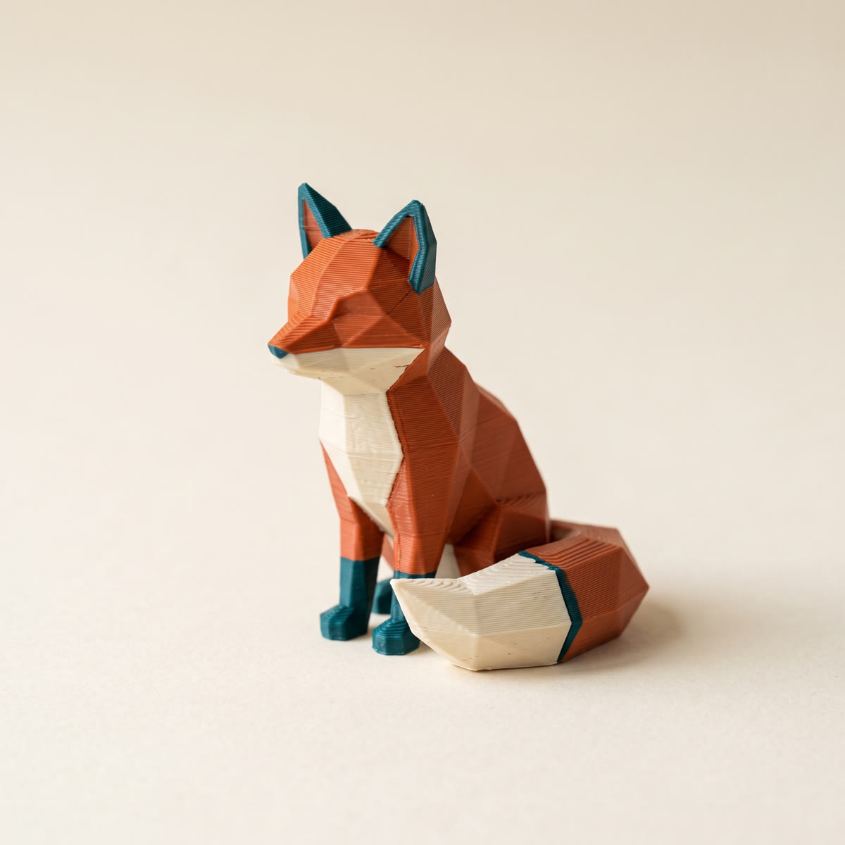 Multicolor 3D printed low-poly fox figurine in orange, white, and teal filament on a cream background