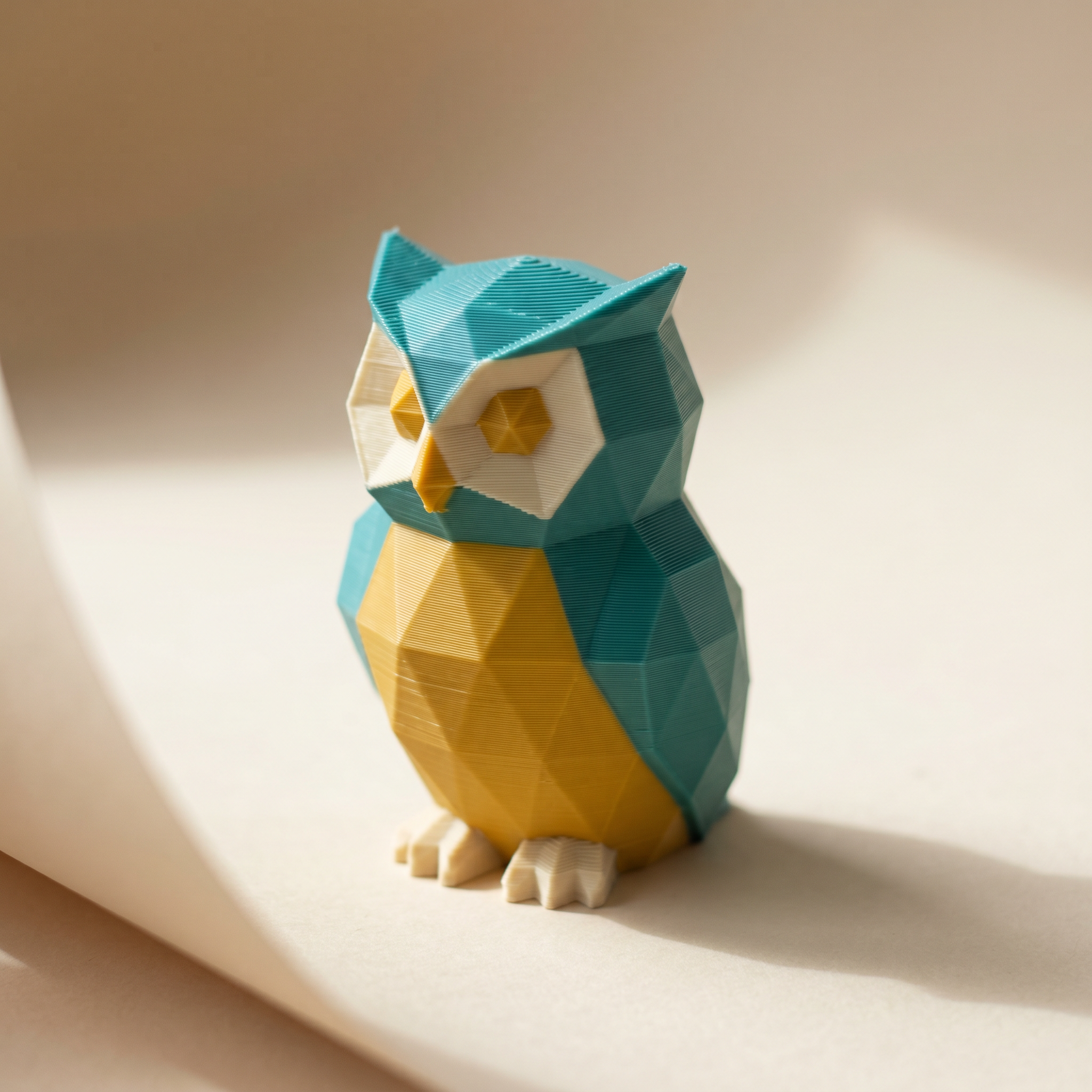 A multi-color FDM 3D-printed low-poly owl figurine in matte teal, mustard yellow, and cream filament on cream paper