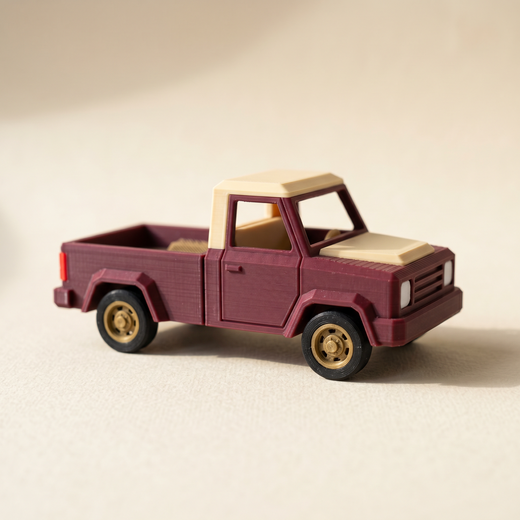 A small multi-color FDM 3D-printed low-poly retro pickup truck in matte burgundy with cream cab roof and brass-gold wheel hubs on cream paper