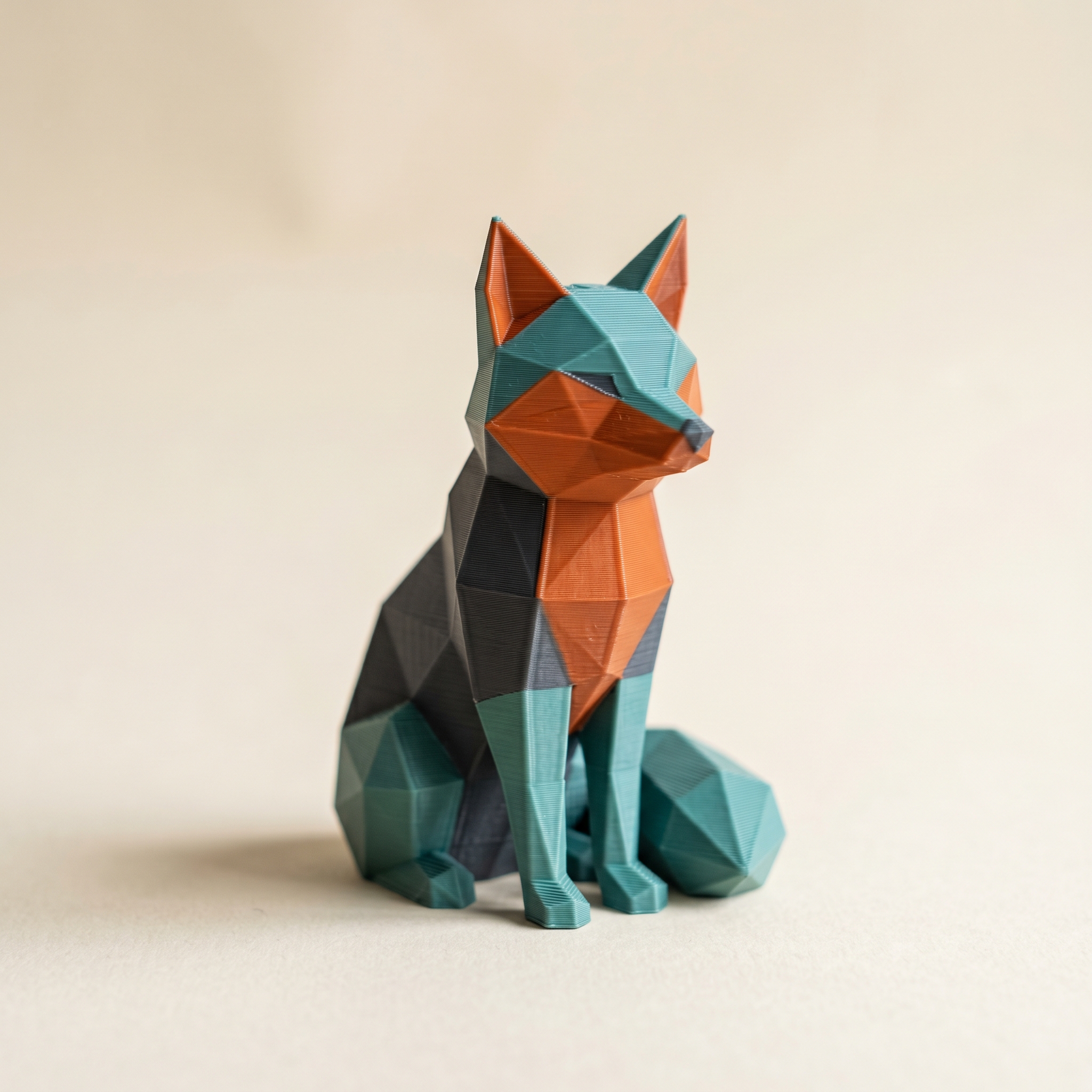 A multi-color low-poly fox figurine 3D printed in matte teal, burnt orange, and charcoal filament on a cream background