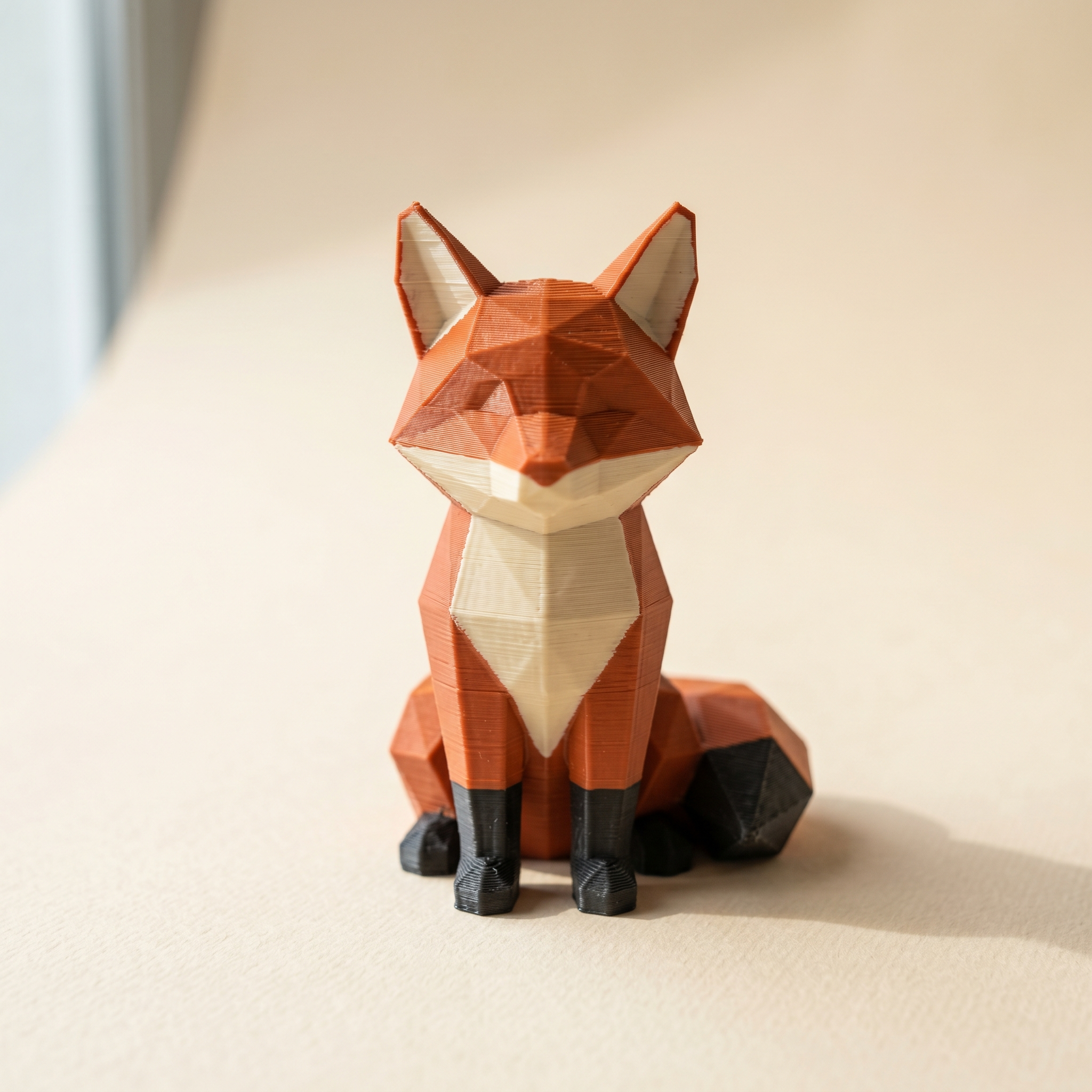 A multi-color FDM 3D-printed low-poly fox figurine in matte burnt orange, cream, and charcoal black filament on cream paper