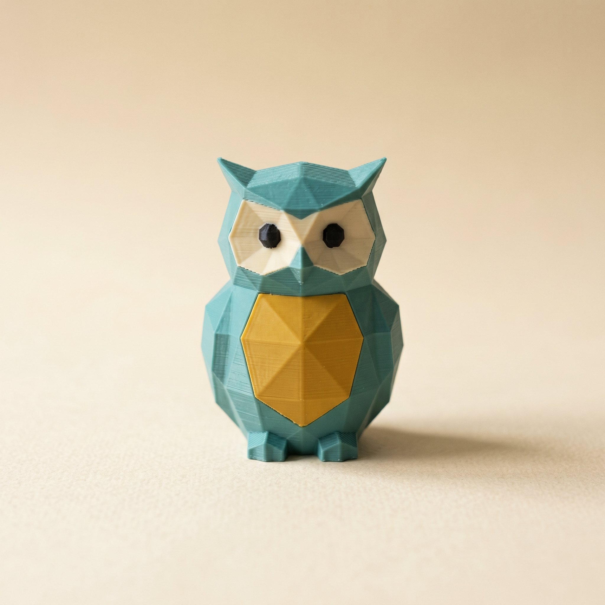 A small low-poly owl 3D printed in matte teal, mustard, and charcoal filament, colored without any hand-painting