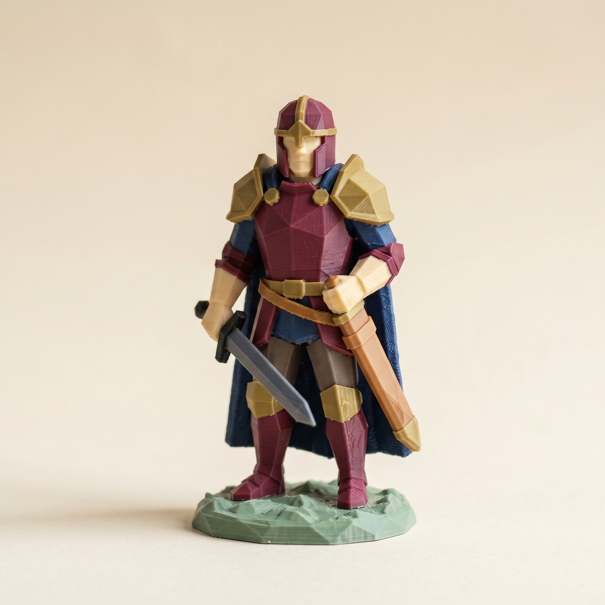 A multi-color FDM 3D-printed low-poly knight figurine in burgundy armor, brass-gold accents, navy cloak, cream face, charcoal sword, tan scabbard, and sage base on cream paper