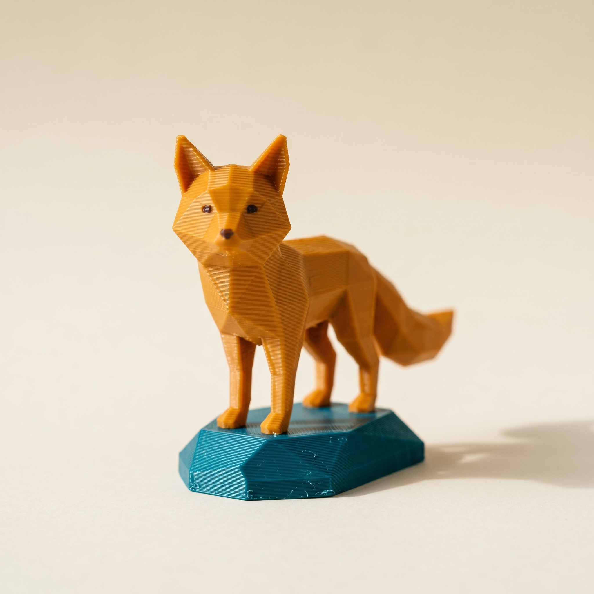 A two-tone low-poly 3D printed fox figurine with an amber body on a contrasting teal printed base