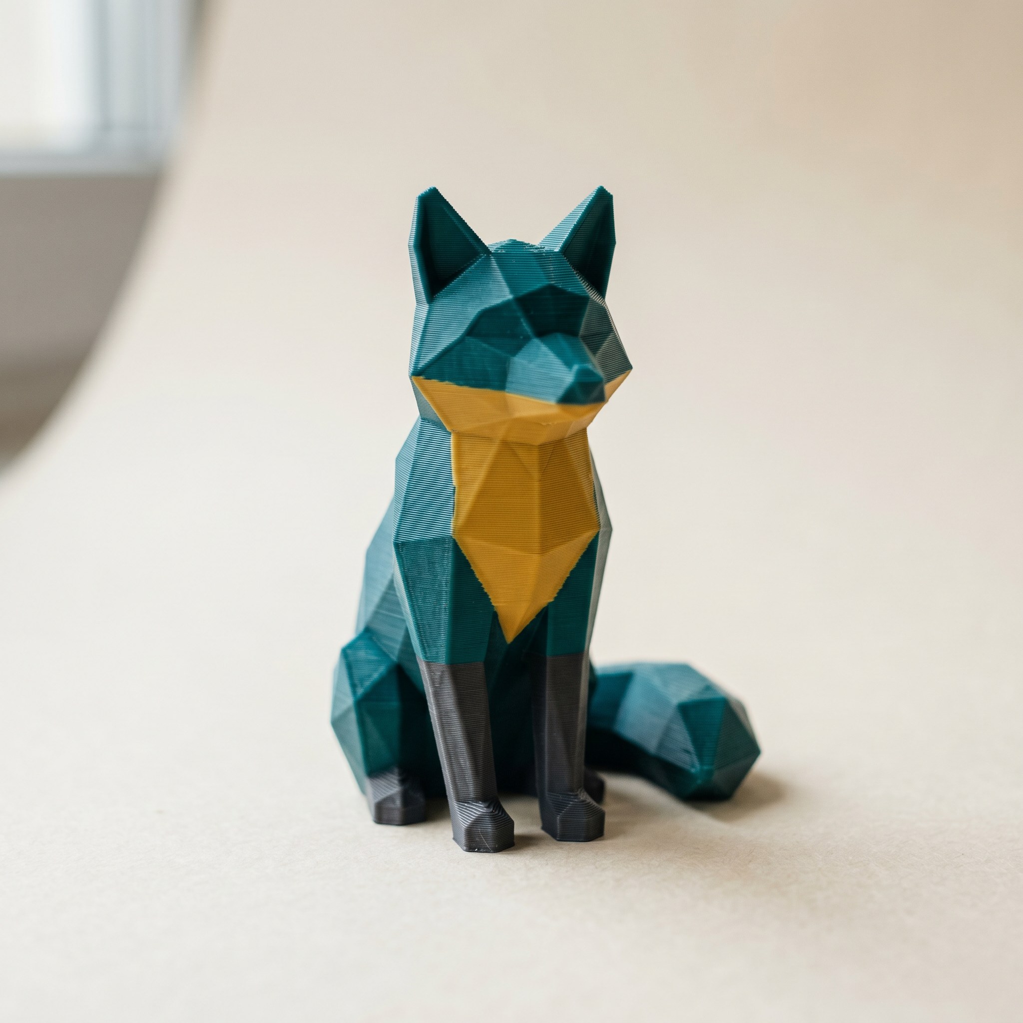 A low-poly fox printed in matte teal, mustard, and charcoal filament, showing per-region color on the surface
