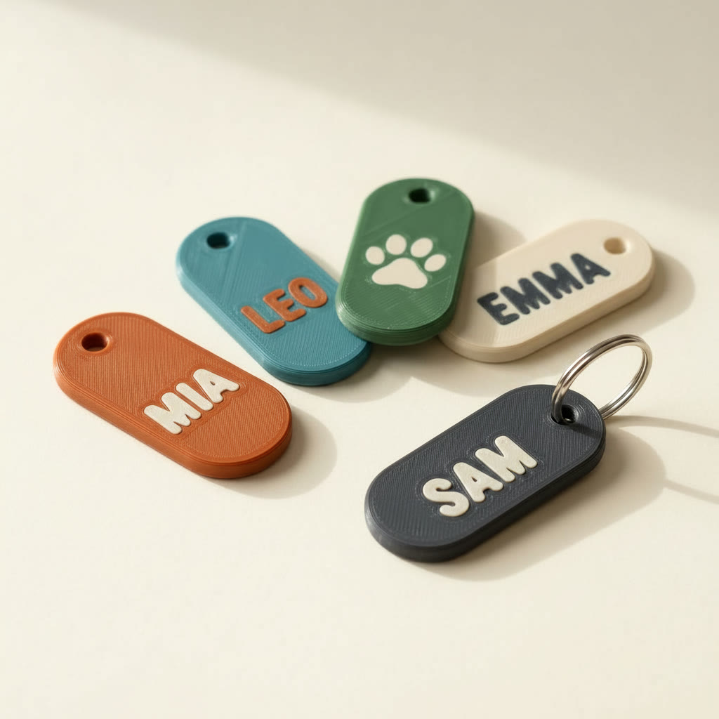 Multi-color 3D printed keychain name tags reading MIA, LEO, EMMA and SAM, each name inlaid in a contrasting filament color