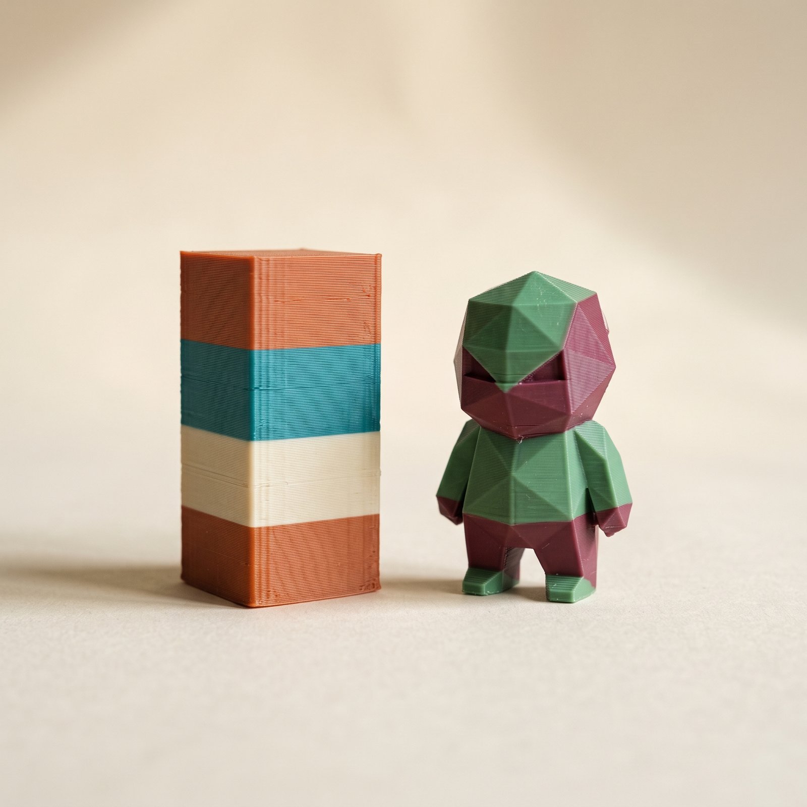 Striped prime tower printed next to a small multicolor figurine on a build-plate-style surface