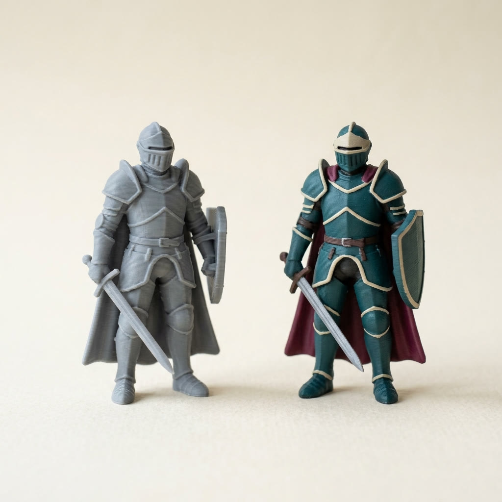 Two identical 3D-printed knight figurines side by side, one in plain grey filament waiting for primer for 3D prints, one printed in teal, cream and burgundy filament with no primer needed