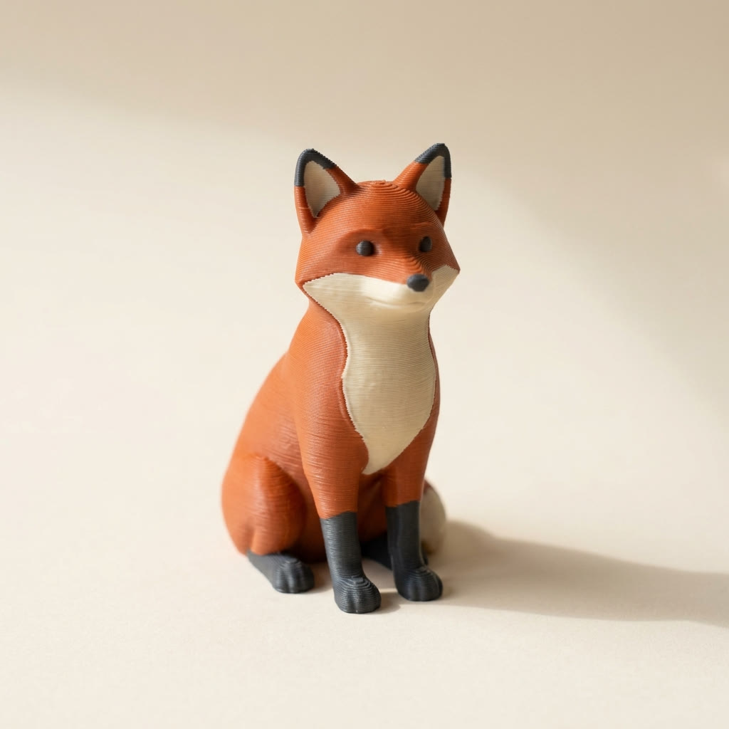 A 3D-printed fox figurine in orange, cream and charcoal filament with visible layer lines, finished without primer for 3D prints