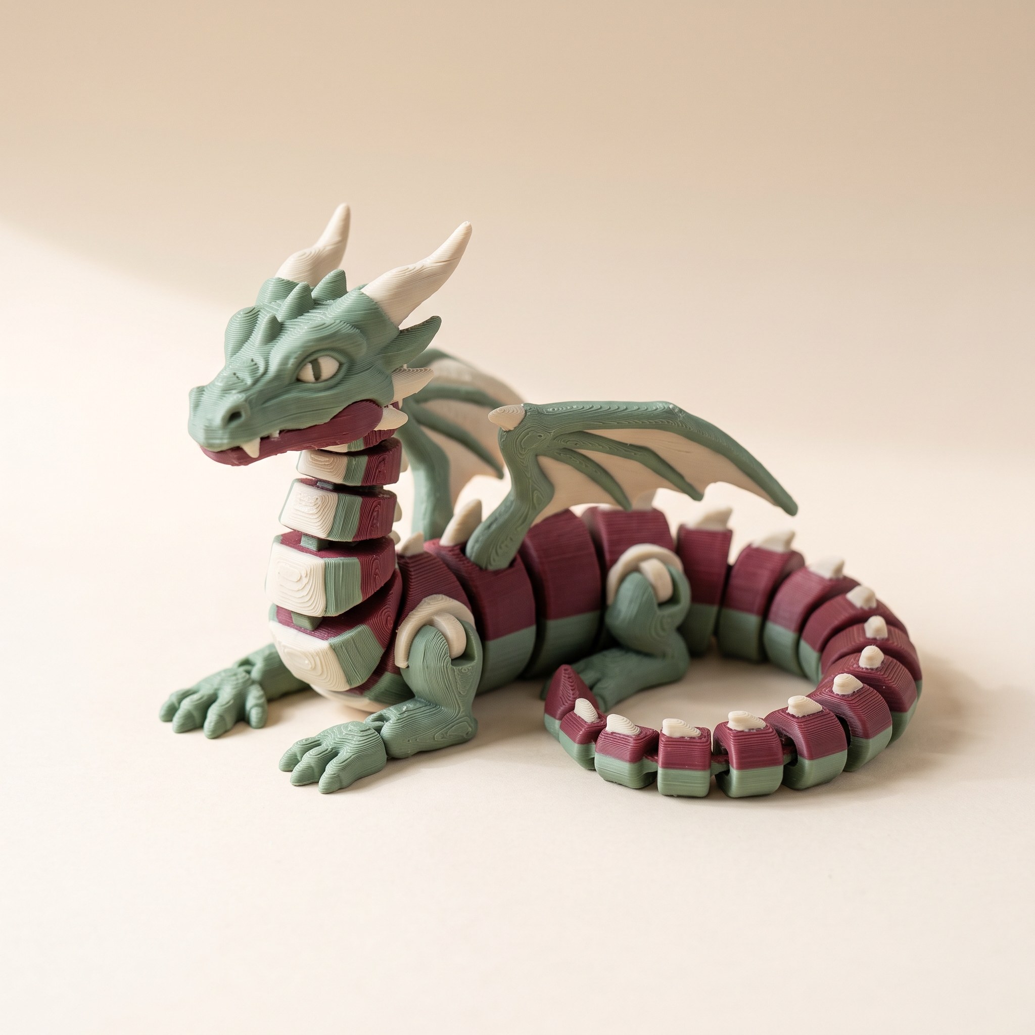 Articulated dragon toy printed from a MakerWorld multicolor 3MF after importing it into Snapmaker Orca