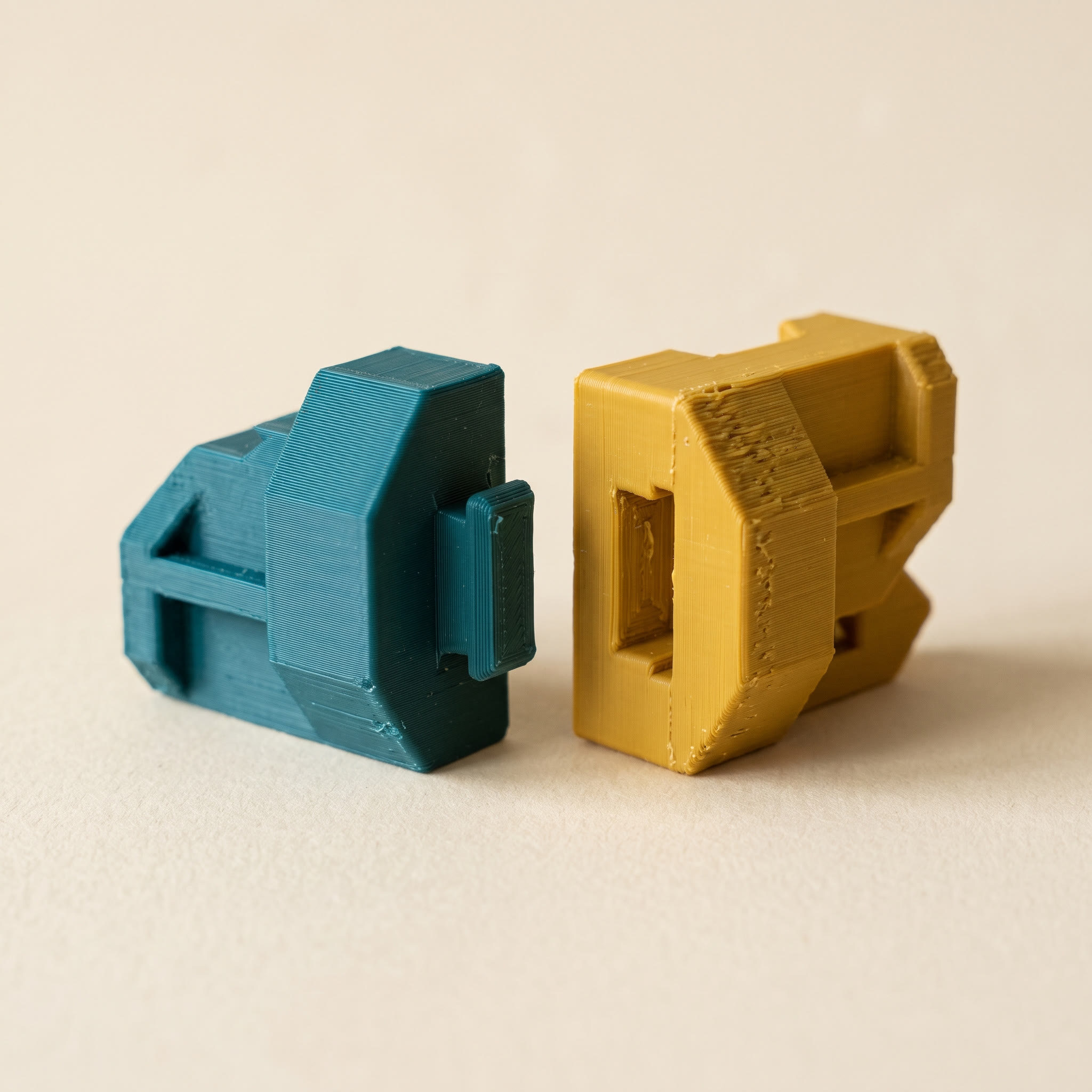 Two halves of a 3D-printed model with a dovetail joint in teal and mustard filament, the split job an STL editor hands off to the slicer