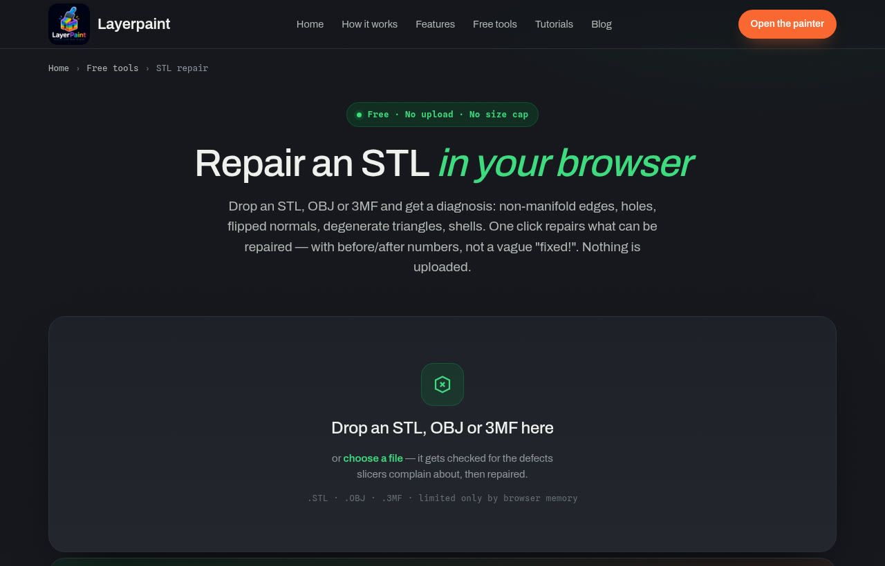 The Layerpaint browser STL file repair tool, showing the drop area for STL, OBJ and 3MF files and the defects it checks for
