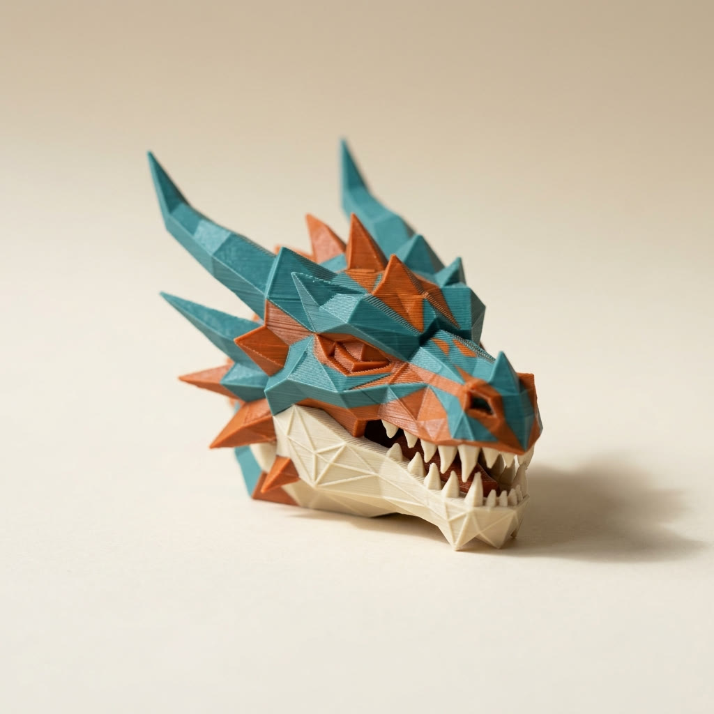 Multi-color 3D-printed low-poly dragon head with clean layer lines, printed after STL file repair made the mesh watertight