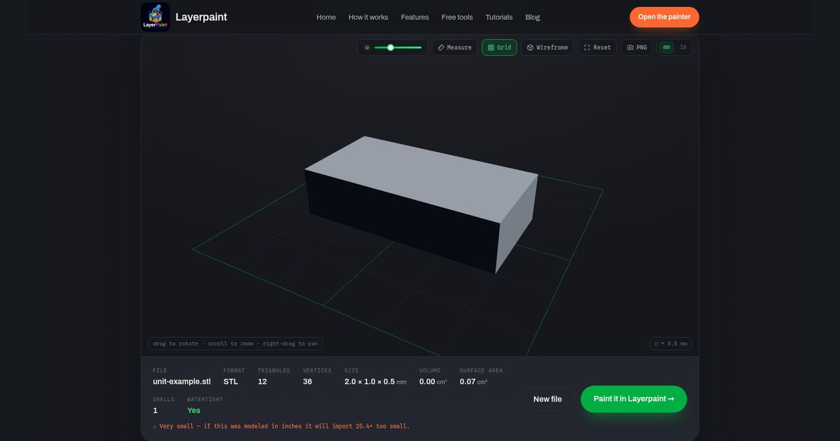 Test box in Layerpaint’s STL viewer showing a size of 2.0 by 1.0 by 0.5 mm