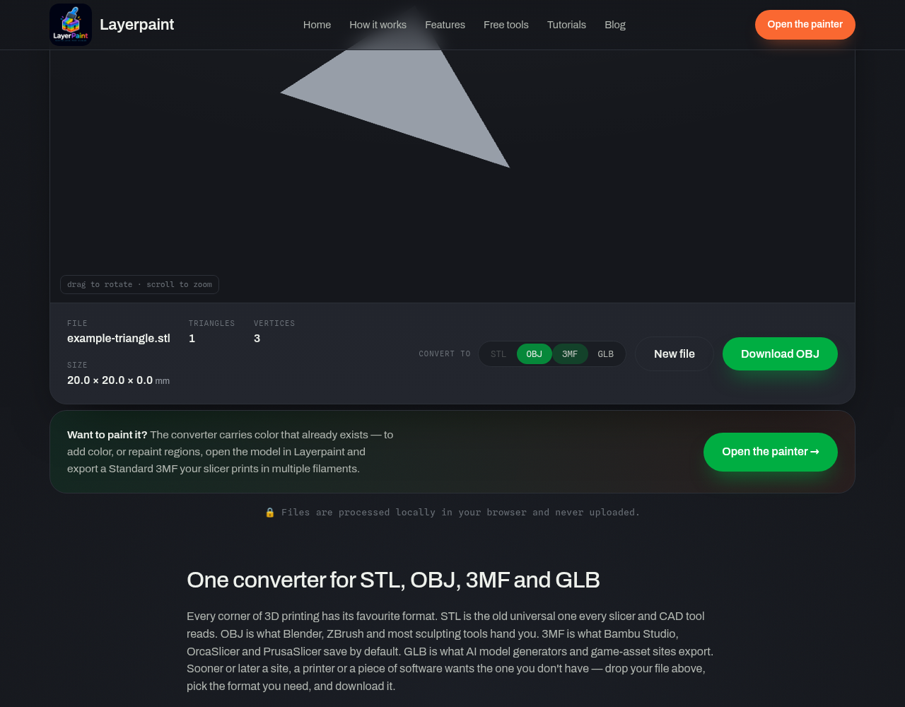 The live model converter with OBJ selected and the Download OBJ button beside the file details