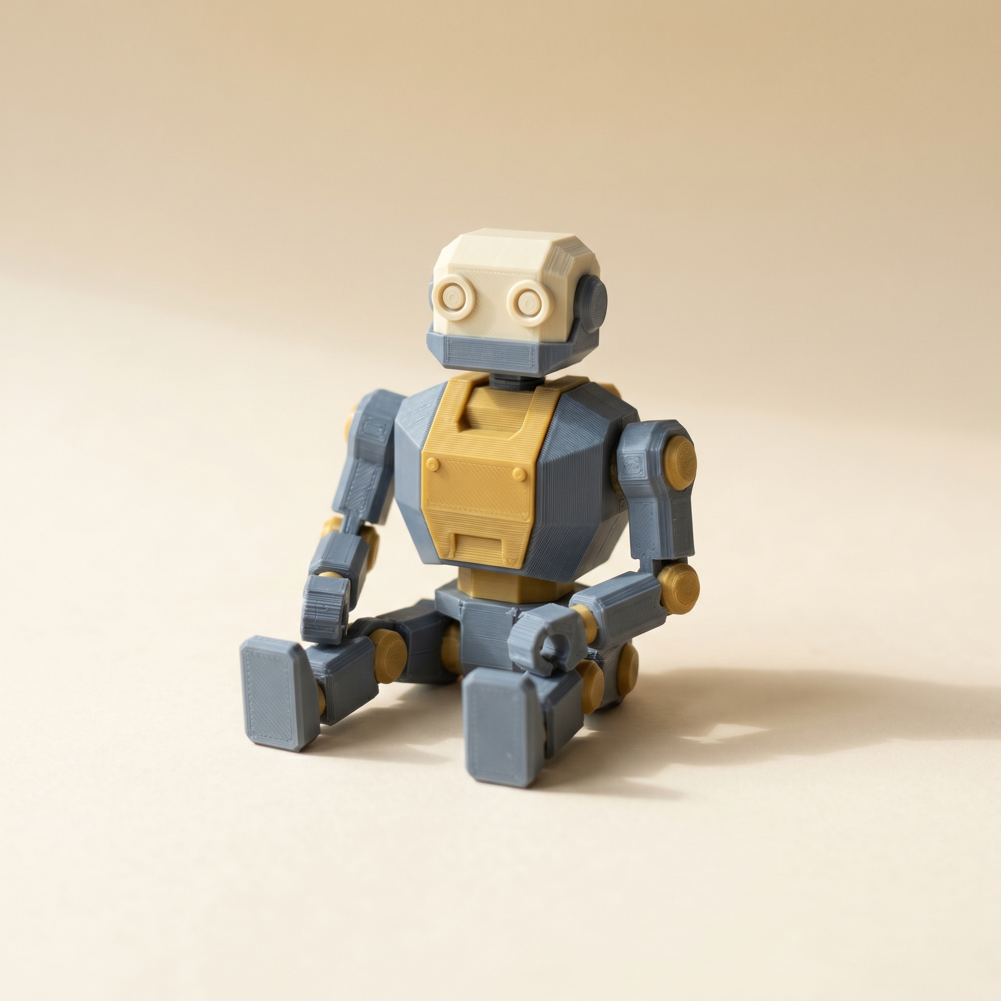 A multi-color FDM 3D-printed low-poly mechanical robot figurine in matte slate gray, brass yellow, and cream filament on cream paper