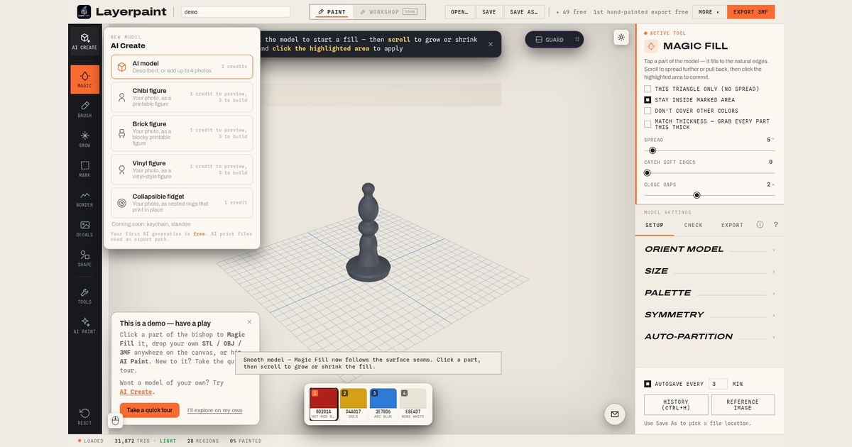 Turn a photo into a 3D print: the AI Create menu in the Layerpaint painter listing AI model, Chibi figure, Brick figure, Vinyl figure and Collapsible fidget with their credit costs