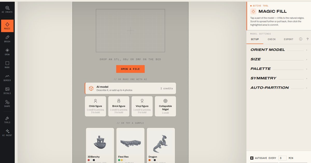 The Layerpaint painter's empty screen with the AI Create options: AI model, chibi, brick and vinyl figures, and collapsible fidget