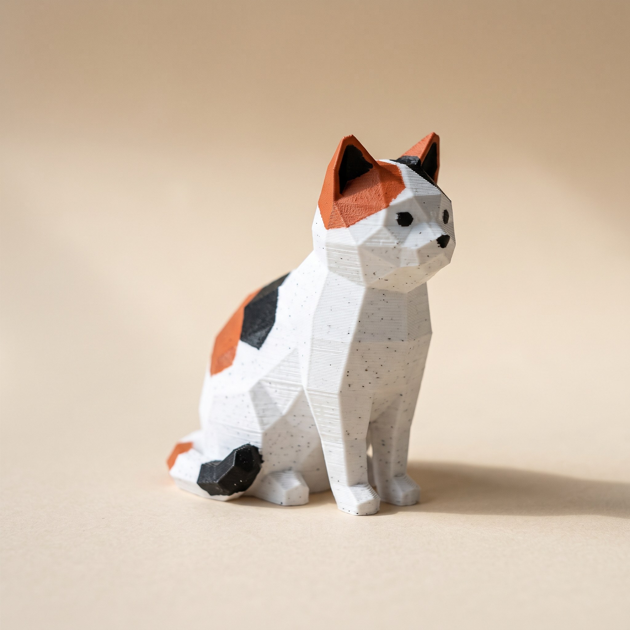 White 3D-printed figurine with wrong-color specks embedded in the surface of a multicolor print